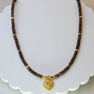 Smokey Quartz Choker Necklace with Gold Heart Pendant – 15.5-17”